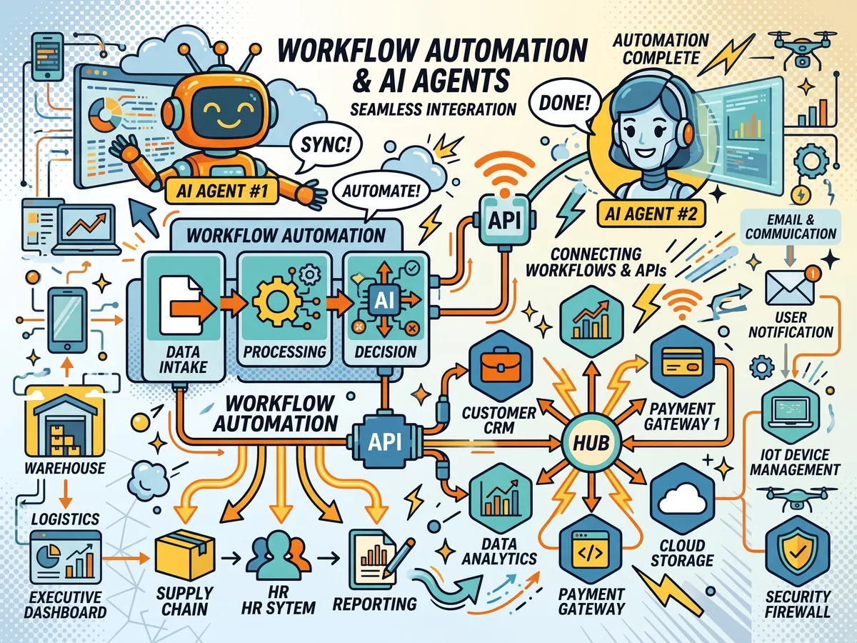 Comic illustration: two AI agents connecting a workflow – data intake, processing and decision – through APIs to CRM, payments, analytics and cloud storage