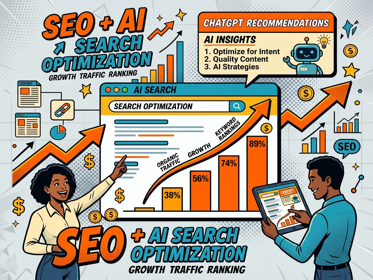 Comic illustration: two people analysing search rankings and AI search results, with a rising growth chart and ChatGPT recommendations
