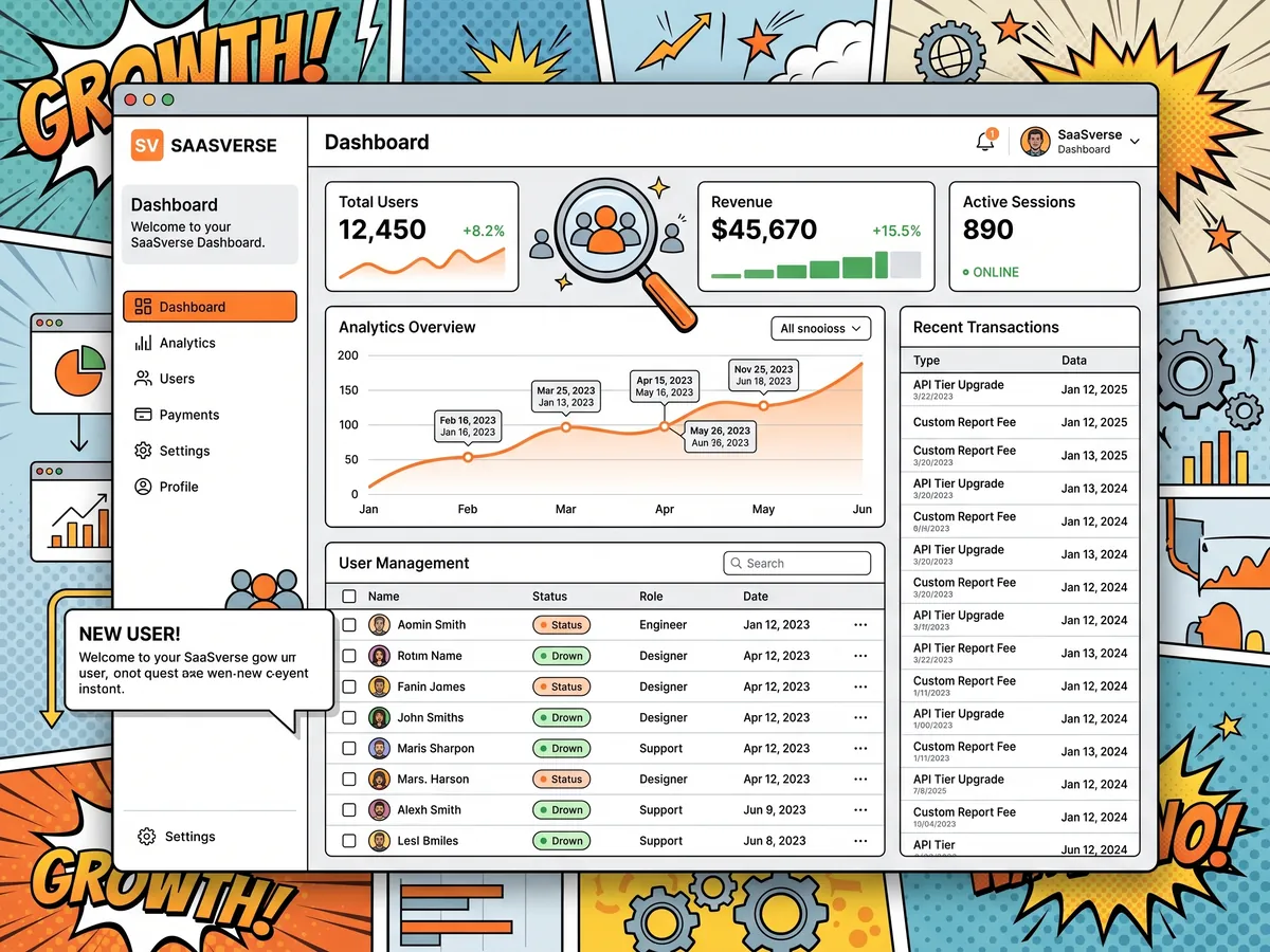 Comic illustration: a SaaS dashboard with revenue figures, a growth chart, user management and recent payments