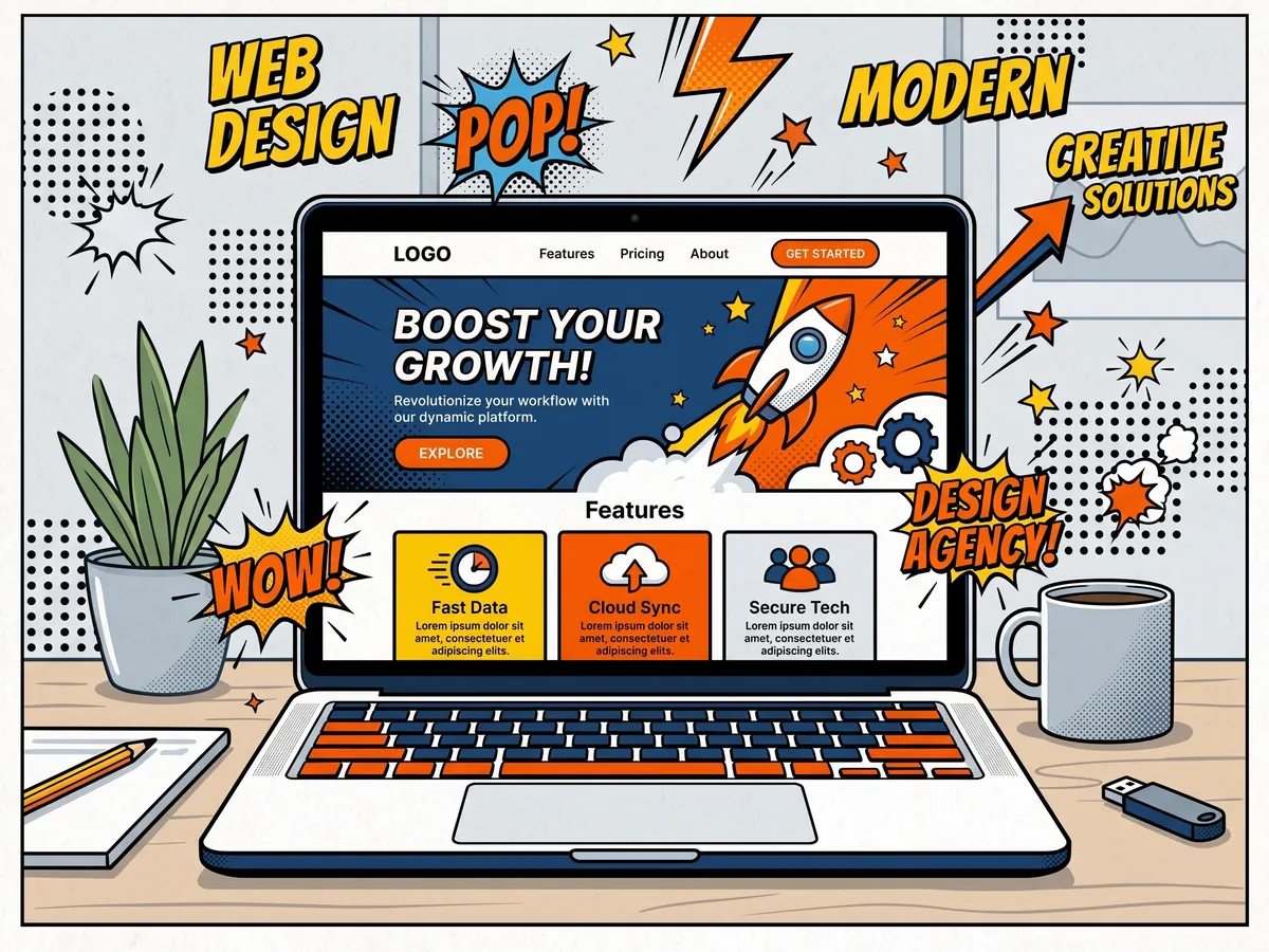 Comic illustration: a laptop on a desk showing a freshly built landing page with a rocket, feature boxes and a “Get started” button