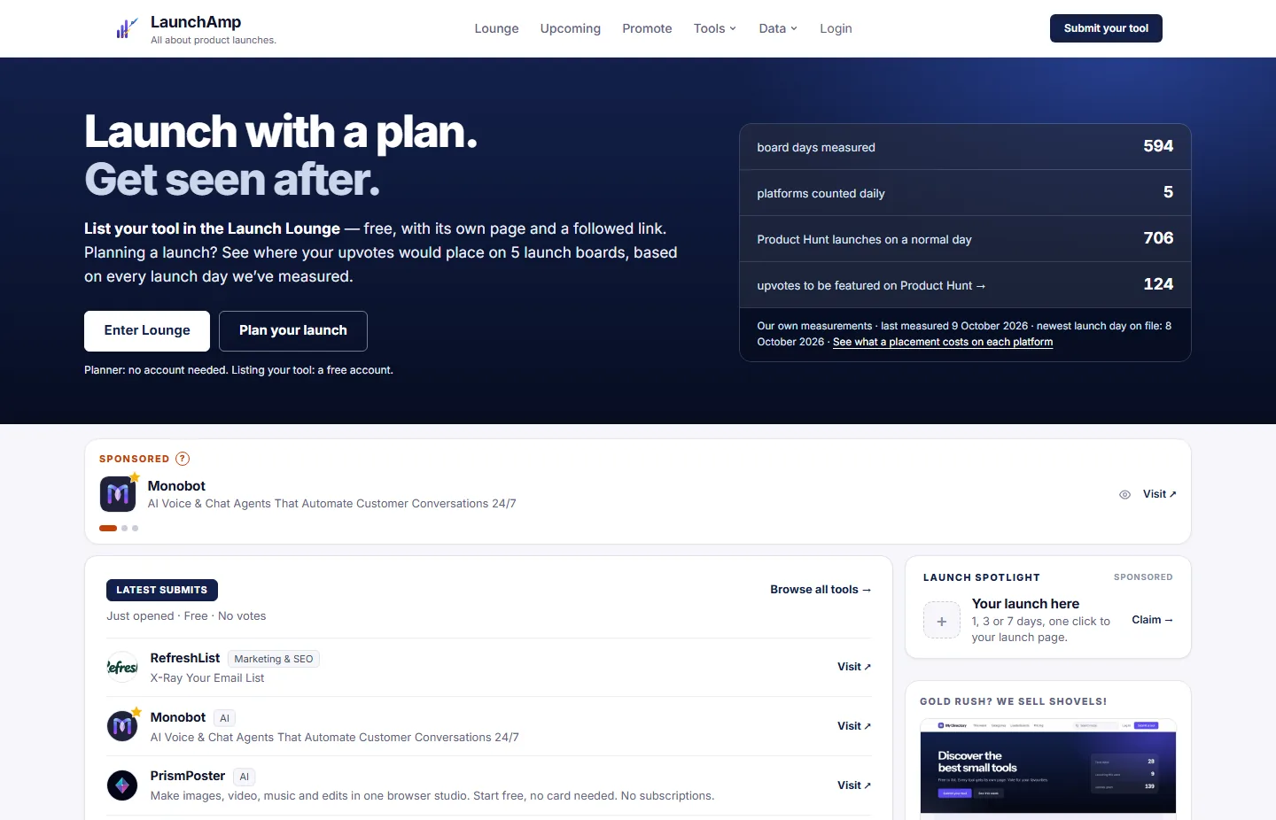 LaunchAmp home page: launch numbers across 5 boards and the Launch Lounge