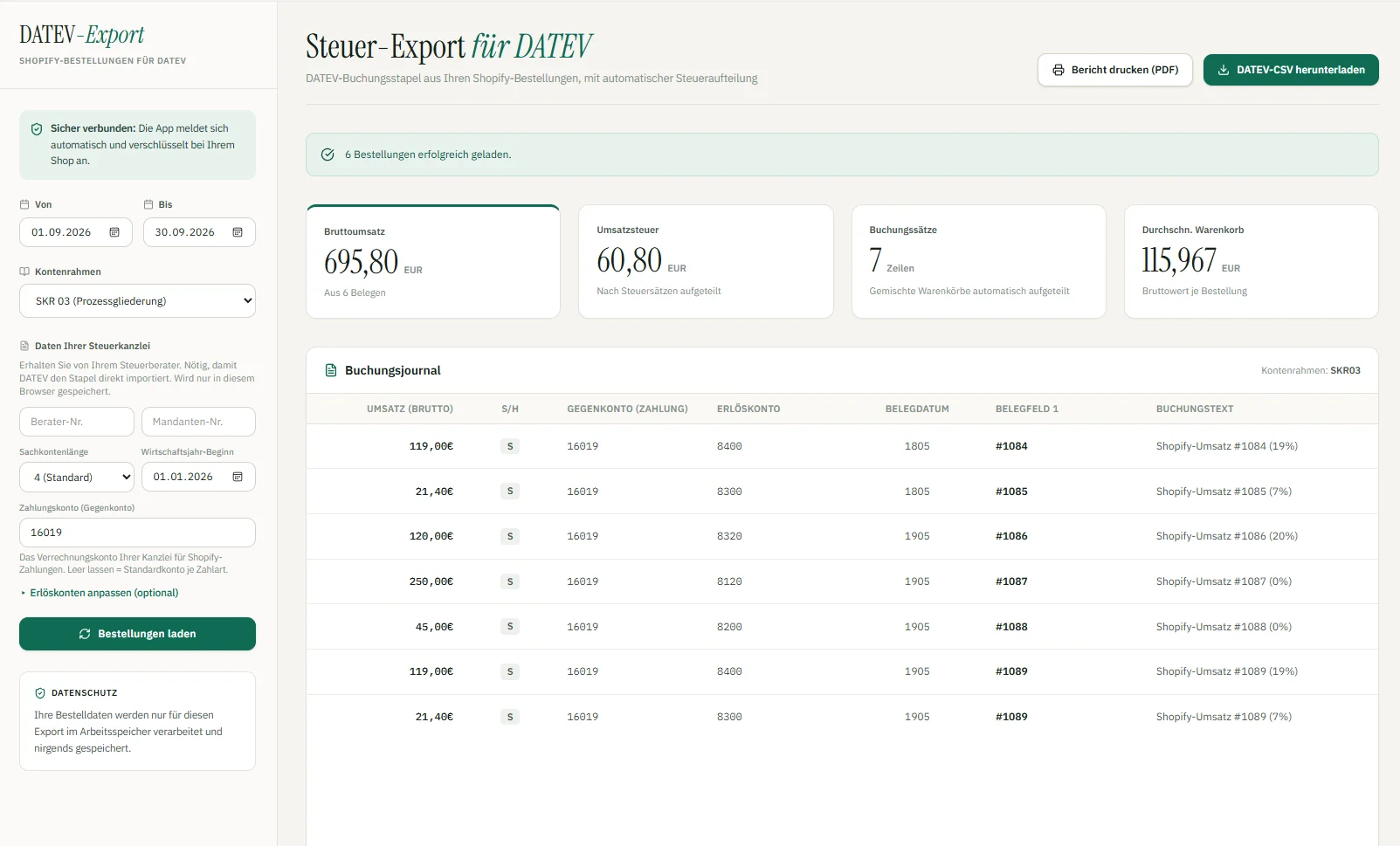 DATEV Export app in Shopify: tax export with booking journal
