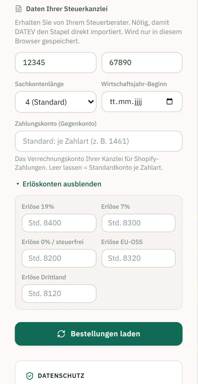 Firm settings of the app with fields for consultant number and client number, counter account, and the expanded revenue accounts for 19%, 7%, 0%, EU OSS and third countries with default accounts